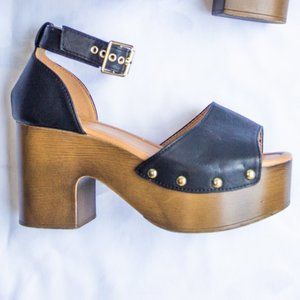 70s Wood Block Heel Platform Wedges Black